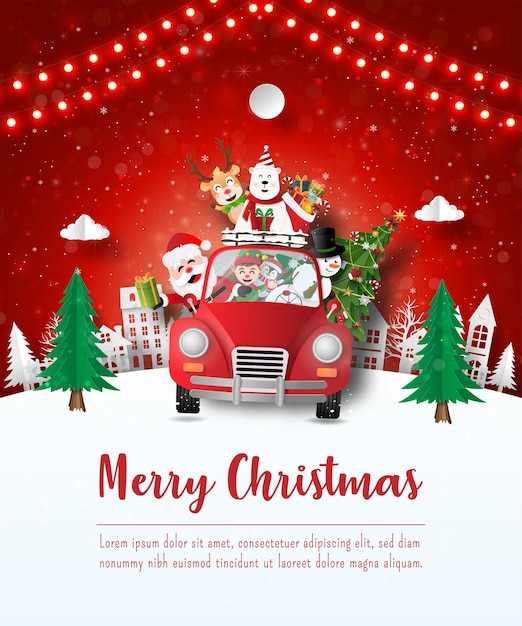 Prettige kerstdagen en gelukkig nieuwjaar, kerstkaart van de kerstman en vriend in een rode auto in het dorp, papierkunststijl