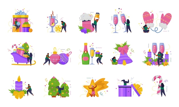 Vector prettige kerstdagen en gelukkig nieuwjaar kleuren set van geïsoleerde pictogrammen met mensen decoraties en geschenken vector illustratie