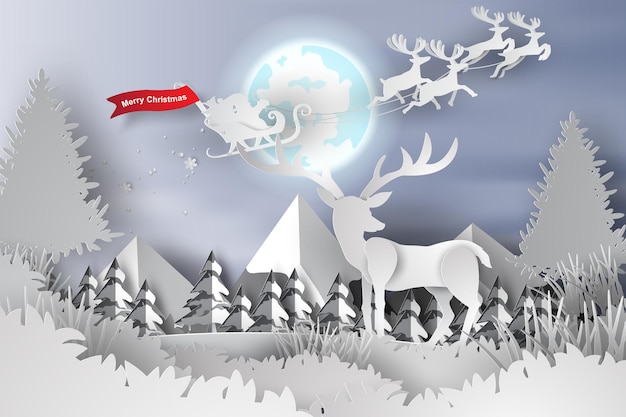 Prettige kerstdagen en gelukkig Nieuwjaar met herten in het bos fullmoonCreatieve origami papier knippen en ambachtelijke stijl Grafisch winterseizoen decoratie concept Landschap sneeuwval nacht vectorillustratie