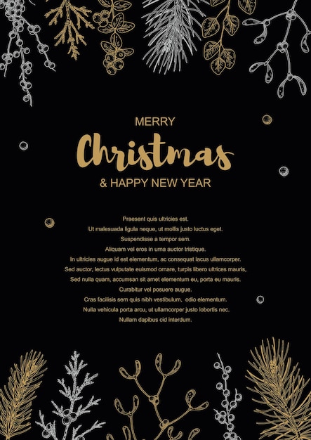 Prettige kerstdagen en gelukkig Nieuwjaar verticaal ontwerp met handgetekende gouden groenblijvende takken