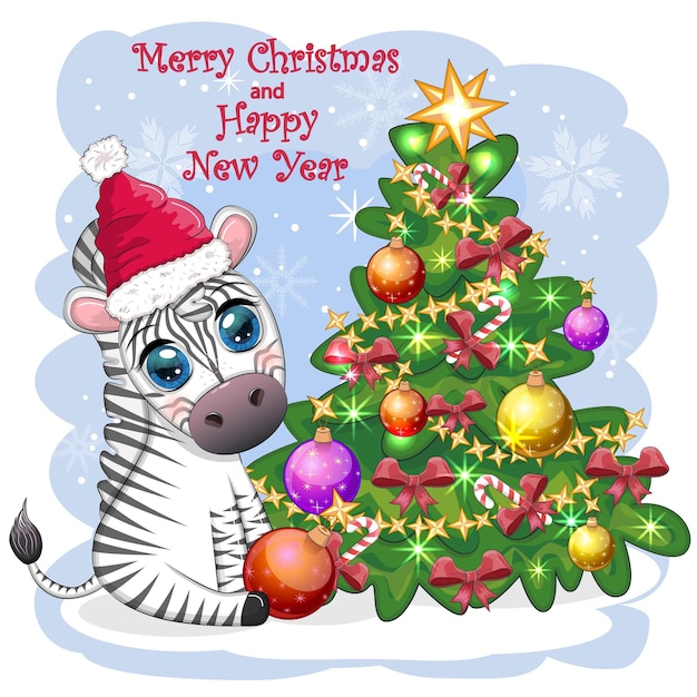 Prettige kerstdagen en gelukkig nieuwjaar wenskaart met schattige zebra in kerstmuts met kane kerstballen cadeau