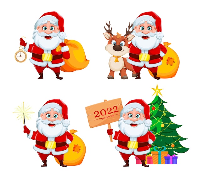 Prettige kerstdagen en gelukkig nieuwjaar wenskaart. Vrolijke kerstman, set van vier poses. vector illustratie