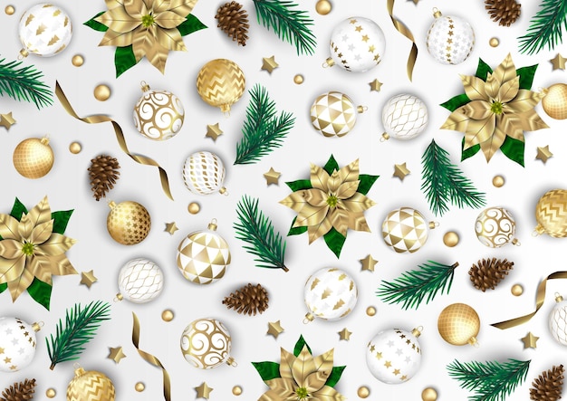 Prettige Kerstdagen en Gelukkig Nieuwjaar Xmas achtergrond met poinsettia Sneeuwvlokken ster en ballen ontwerp