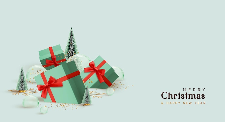 Vector prettige kerstdagen en gelukkig nieuwjaarsontwerp. realistische geschenkdozen liggen in de sneeuw, pluizige groene kerstboom. glazen bollen en sneeuwballen. 3d decoratief object. kerst winter achtergrond. geschenkdoos voor de feestdagen