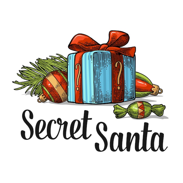 Prettige kerstdagen en nieuwjaar instellen secret santa belettering vector vintage kleur gravure illustratie