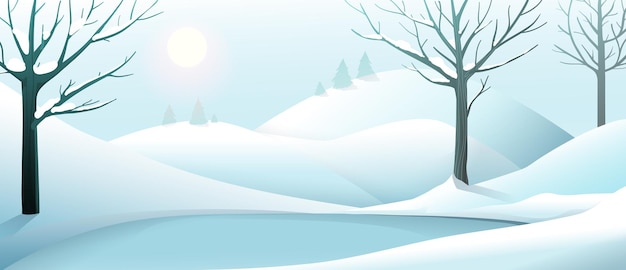 Prettige vakantie kerstbanner, winter lege en schone sneeuw, kalm en stil woestijnlandschap met bomen. Sneeuwscène voor kerstwinterwenskaarten. Vectorlandschapsontwerp in waterverfstijl.