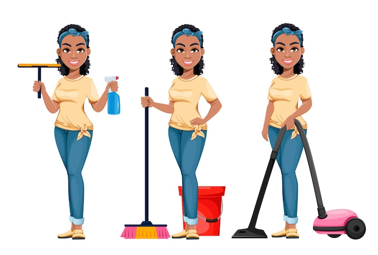 Vector pretty african american housewife cleaning, set of three poses. cute lady cartoon character doing domestic work. stock vector illustration