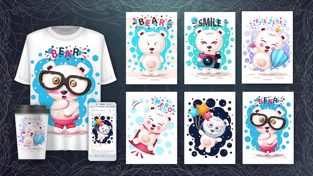 Vector pretty bear card set and merchandising.