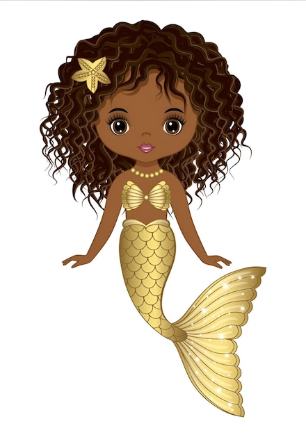 Vector pretty black mermaid with golden fishtail