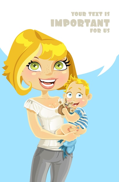 Vector pretty blond mom with her son in her arms with speach bubble