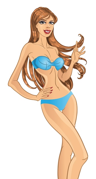 Vector pretty blond woman with gorgeous health hair in blue swimsuit