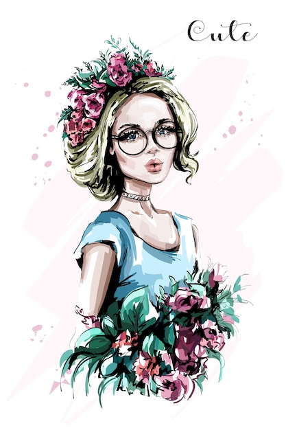 Pretty blonde hair girl with flowers portrait