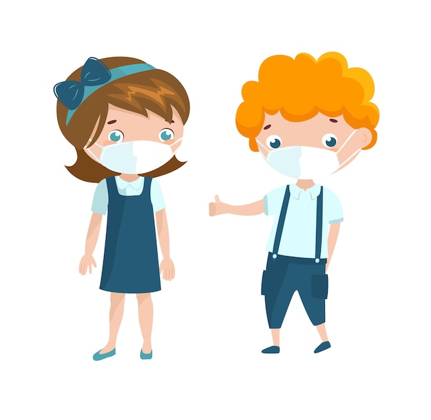 Vector pretty boy and girl in uniform wearing face mask. cartoon characters illustration