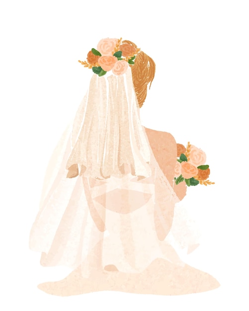 Pretty bride in a dress with flowers watercolor drawing
