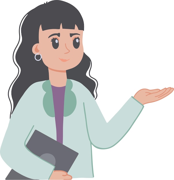 Pretty business woman female office worker presentation raises her hand introduces something hand drawn style illustration