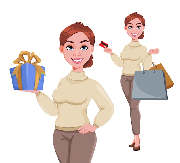 Pretty businesswoman cartoon character in flat style set of two poses
