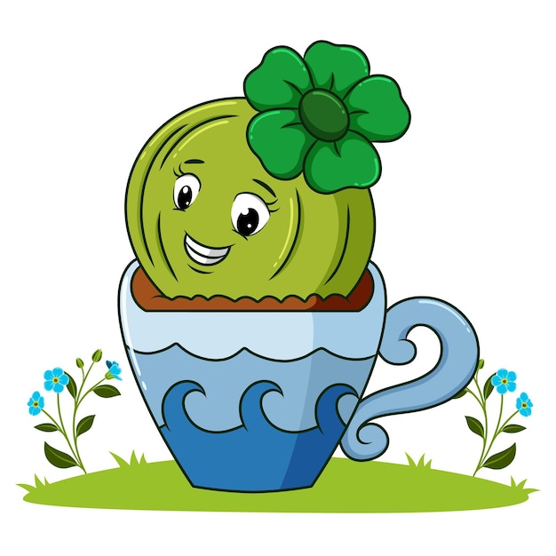 Il grazioso cactus sta piantando sulla tazza dell'illustrazione