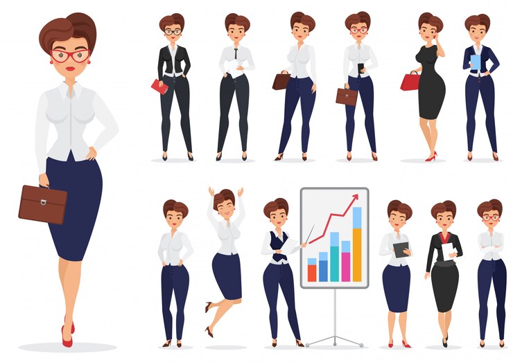 Vector pretty cartoon businesswoman lady character different poses design set.