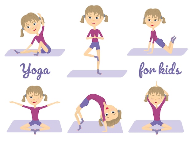 Vector pretty cartoon girl demonstrates yoga poses