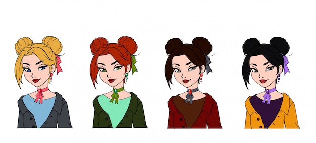 Pretty cartoon girl hand drawn portraits set.