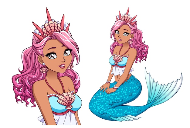 Симпатичная мультяшная принцесса-русалка с вьющимися розовыми волосами, темной кожей и блестящим синим рыбьим хвостом, в короне из ракушек.