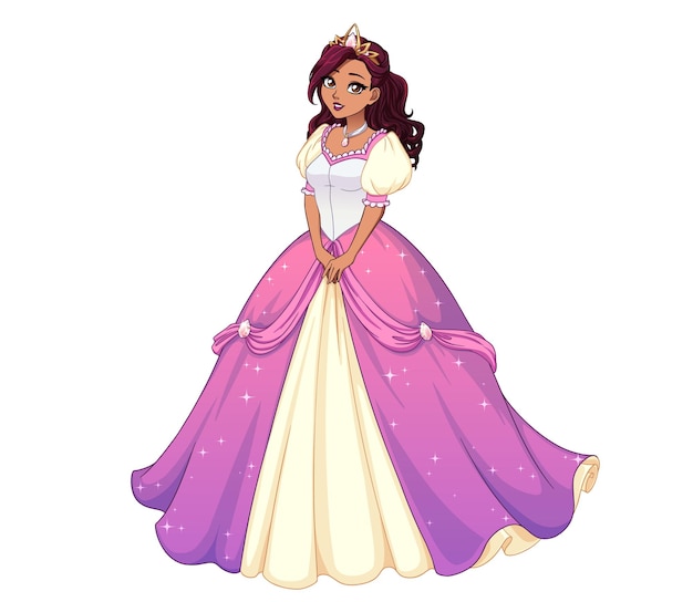Довольно мультфильм принцесса стоя и носить розовое бальное платье. темные вьющиеся волосы, большие карие глаза.