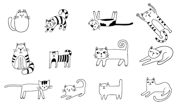 Pretty cat set funny kitten linear sketches vector cats illustration for print stickers printing on