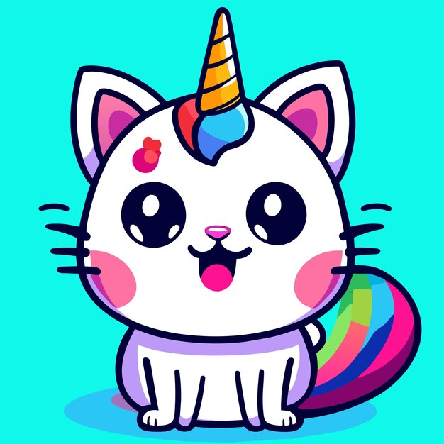 Vector pretty cat unicorn handgetekende platte stijlvolle cartoon sticker icoon concept geïsoleerde illustratie