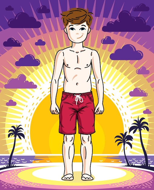 유행 해변 반바지를 입고 서 있는 예쁜 아이 소년. 벡터 아주 좋은 인간의 그림입니다. 패션 및 라이프 스타일 테마 만화.