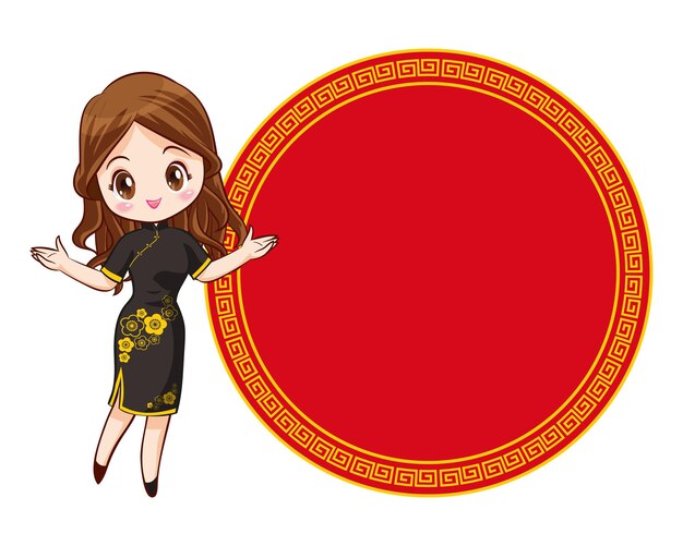 Bella ragazza cinese in abito mandarino con il festival del capodanno cinese con cornice spaziale