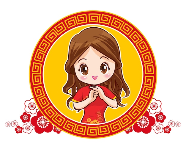 Vector pretty chinese girl in mandarin gown with chinese new year festival with space frame