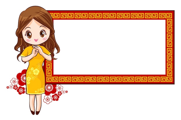 Pretty chinese girl in mandarin gown with chinese new year festival with space frame