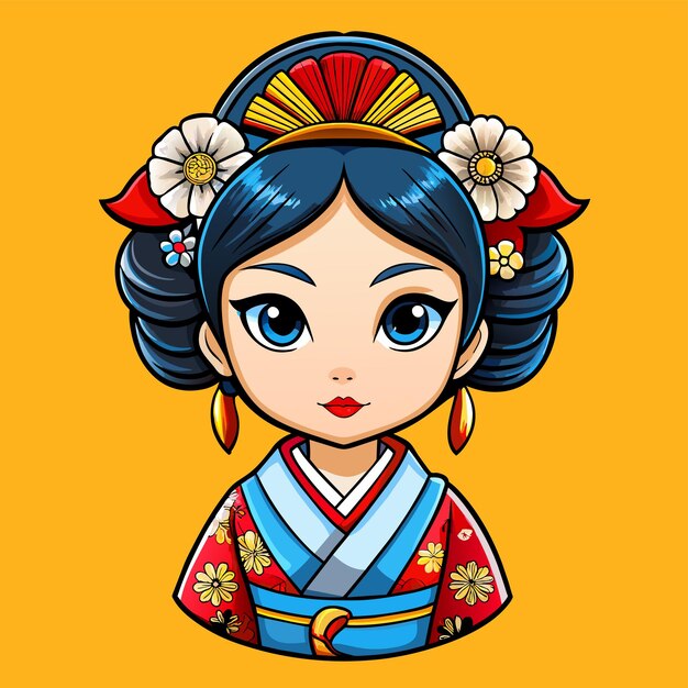 Vettore bella ragazza cinese in abito mandarino con adesivo di personaggio di cartone animato disegnato a mano per il capodanno cinese