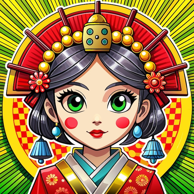 Pretty chinese girl in mandarin gown with chinese new year hand drawn cartoon character sticker