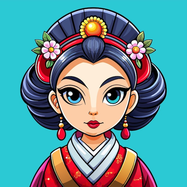 Vector pretty chinese girl in mandarin gown with chinese new year hand drawn cartoon character sticker