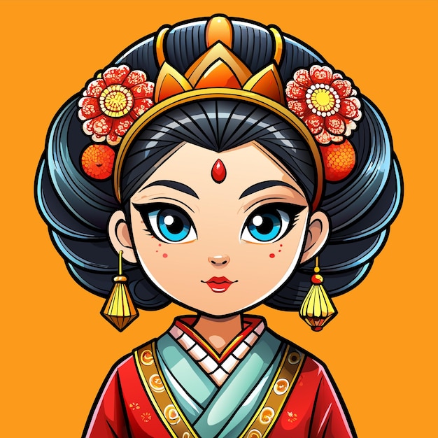 Pretty chinese girl in mandarin gown with chinese new year hand drawn cartoon character sticker