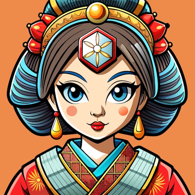 Pretty chinese girl in mandarin gown with chinese new year hand drawn cartoon character sticker