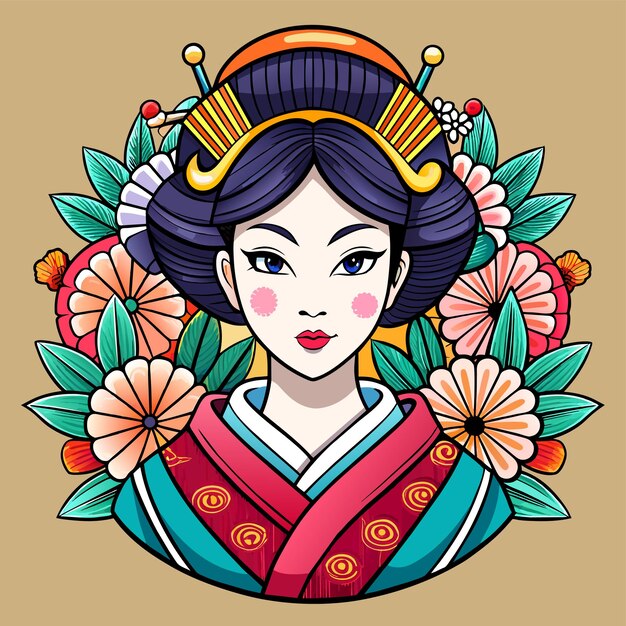 Vector pretty chinese girl in mandarin gown with chinese new year hand drawn cartoon character sticker