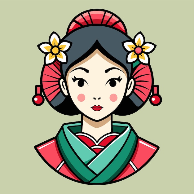 Vector pretty chinese girl in mandarin gown with chinese new year hand drawn cartoon character sticker