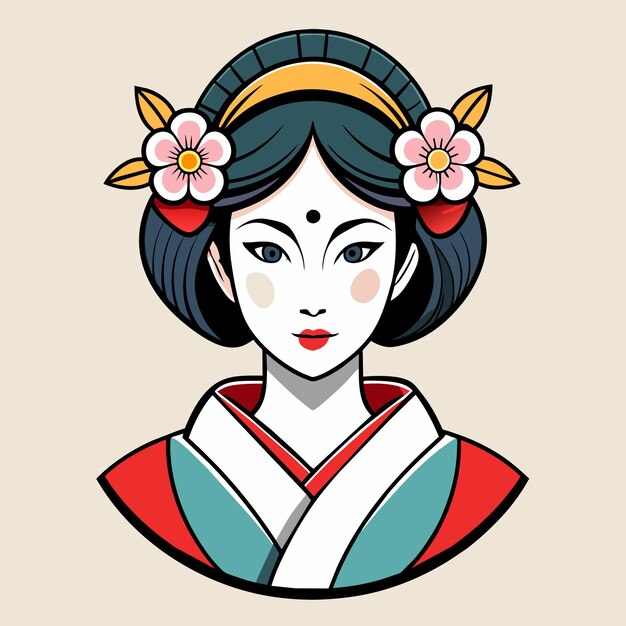 中国の新年手描きの漫画キャラクターのステッカーを身に着けている美しい中国の女の子