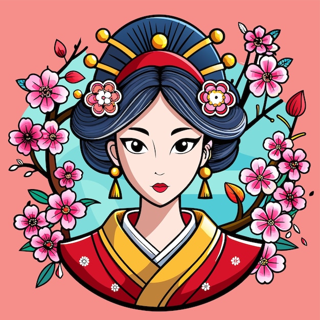 Pretty chinese girl in mandarin gown with chinese new year hand drawn cartoon character sticker