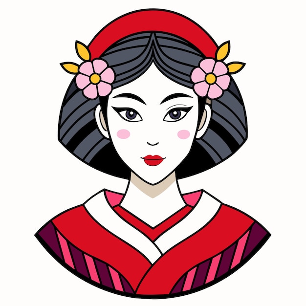 중국 신년 기념 스티커와 함께 만화 캐릭터 스티커를 입은 예쁜 중국 소녀