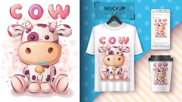 Vector pretty cow illustration and merchandising