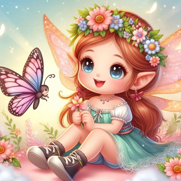 Pretty fairy plays with a butterfly