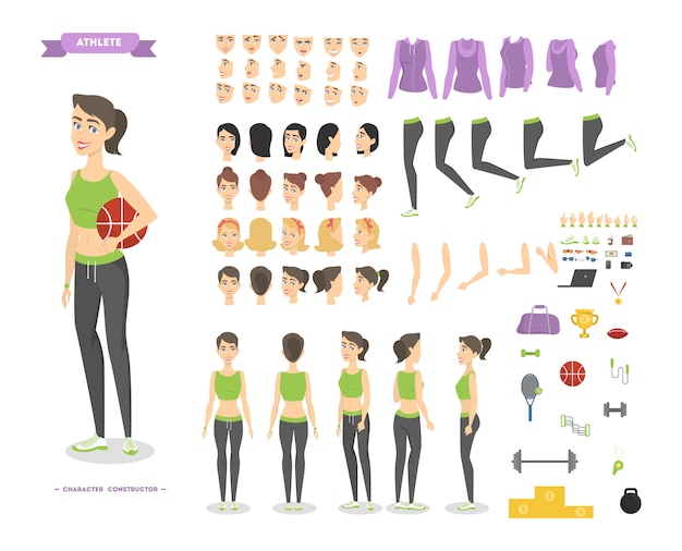 Set di caratteri graziosi fitness donna per l'animazione con varie viste, acconciature, emozioni, pose e gesti.