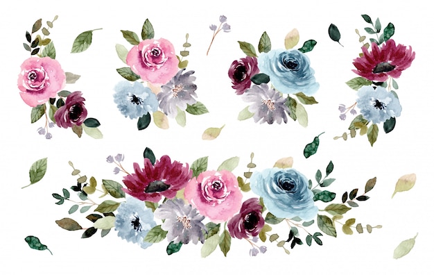 Bella collezione di bouquet di acquerelli da giardino fiorito