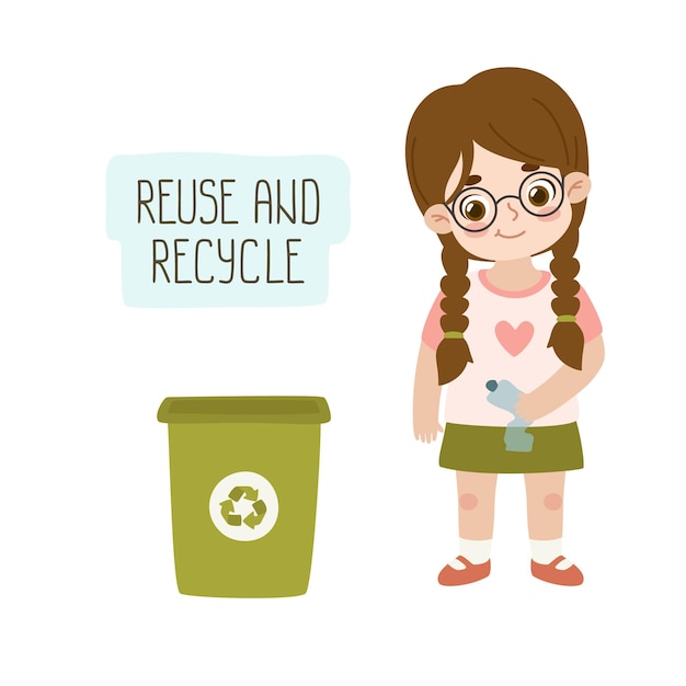 かわいい女の子は、容器にプラスチック廃棄物を集めてリサイクルします。