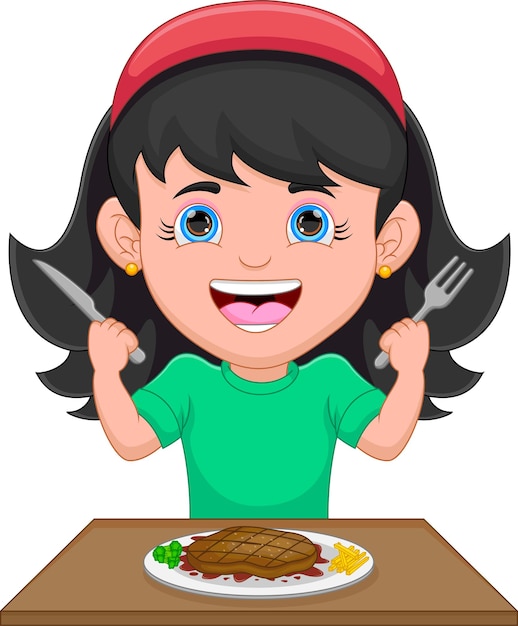 Vector pretty girl eating beef steak cartoon