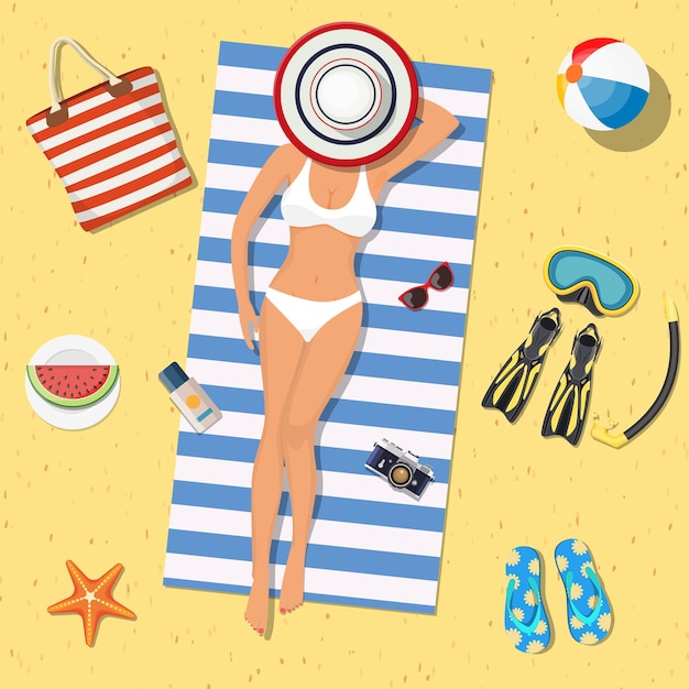 Vector pretty girl is lying on the beach. girl on the beach with a bikini.