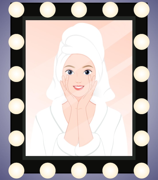 Vector a pretty girl looking in a mirror wearing bathrobe doing skincare make up beauty cosmetics